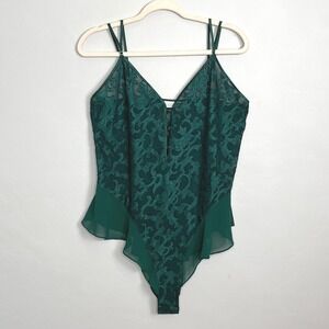Vintage Cacique Teddy Bodysuit Lingerie Emerald Green Lace Sheer‎ Ruffle Size L